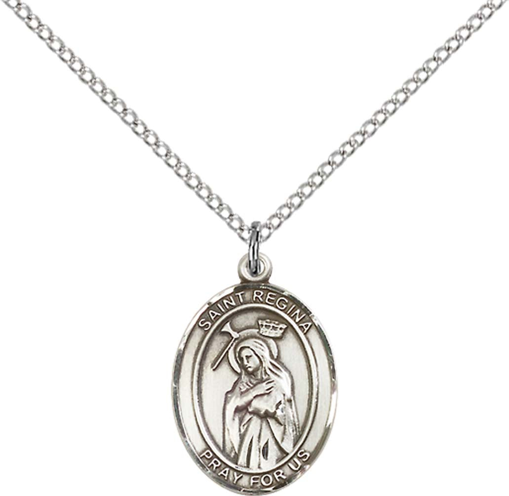 Sterling Silver St. Regina Pendant with 18 inch Sterling Silver Light Curb Chain - Medium