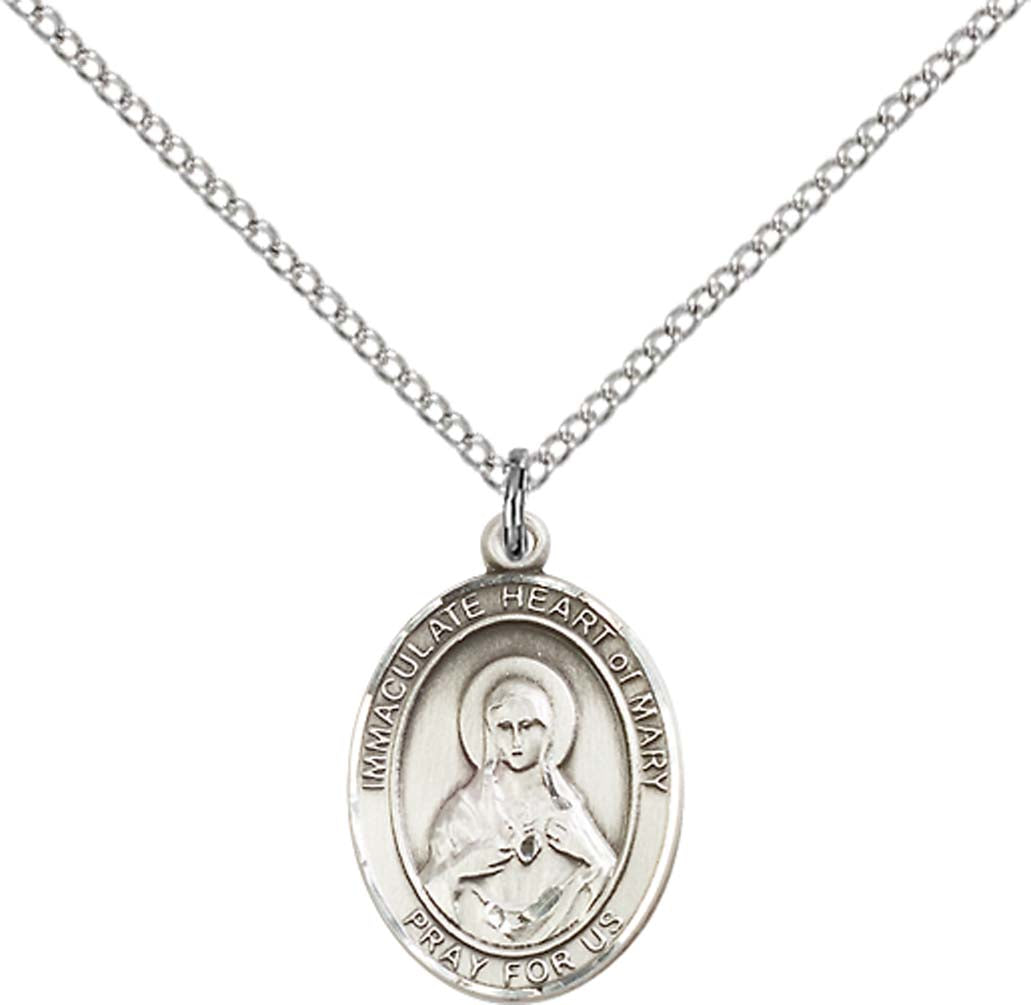 Sterling Silver Immaculate Heart of Mary Pendant with 18 inch Sterling Silver Light Curb Chain - Medium