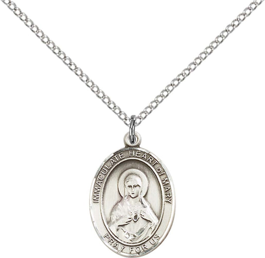 Sterling Silver Immaculate Heart of Mary Pendant with 18 inch Sterling Silver Light Curb Chain - Medium