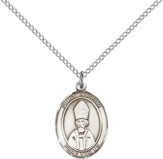 Sterling Silver St. Anselm of Canterbury Pendant with 18 inch Sterling Silver Light Curb Chain - Medium
