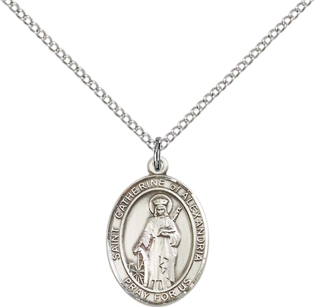 Sterling Silver St. Catherine of Alexandria Pendan with 18 inch Sterling Silver Light Curb Chain - Medium