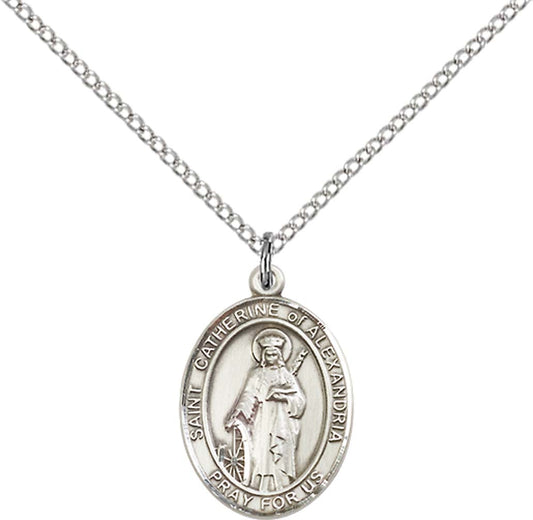 Sterling Silver St. Catherine of Alexandria Pendan with 18 inch Sterling Silver Light Curb Chain - Medium