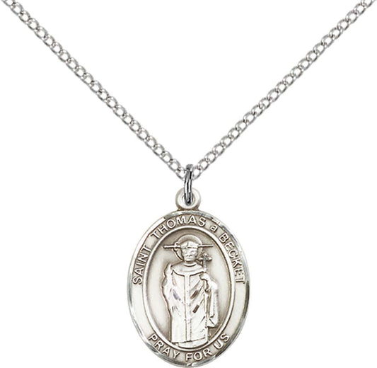 Sterling Silver St. Thomas A Becket Pendant with 18 inch Sterling Silver Light Curb Chain - Medium