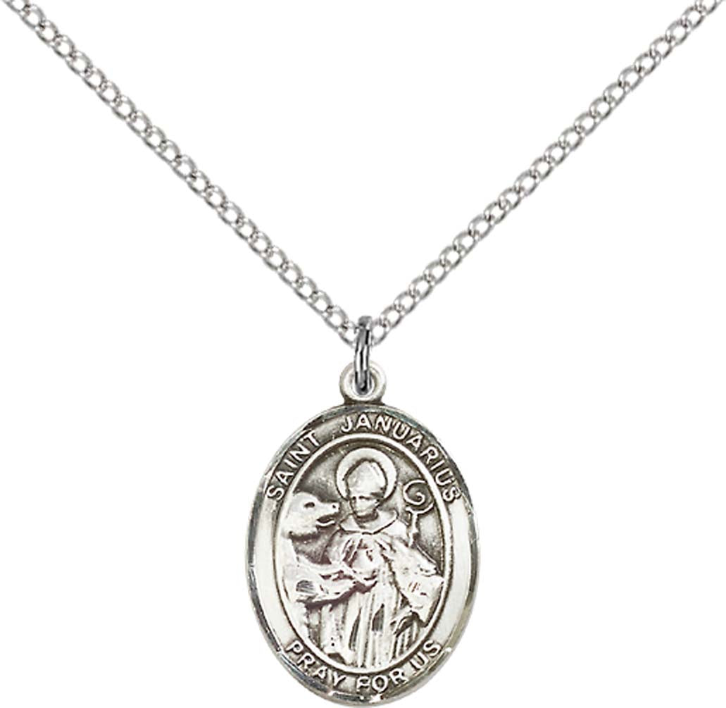 Sterling Silver St. Januarius Pendant with 18 inch Sterling Silver Light Curb Chain - Medium