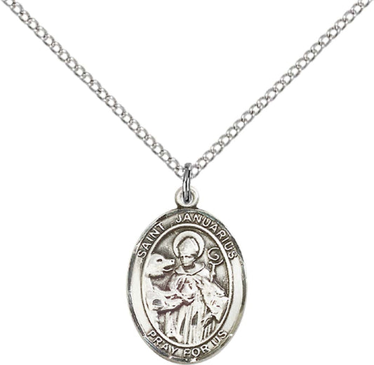 Sterling Silver St. Januarius Pendant with 18 inch Sterling Silver Light Curb Chain - Medium