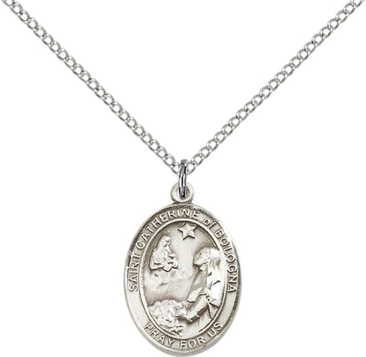 Sterling Silver St. Catherine of Bologna Pendant with 18 inch Sterling Silver Light Curb Chain - Medium