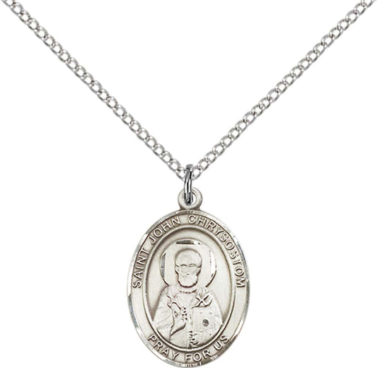 Sterling Silver St. John Chrysostom Pendant with 18 inch Sterling Silver Light Curb Chain - Medium