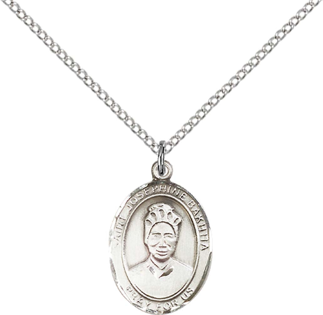 Sterling Silver St. Josephine Bakhita Pendant with 18 inch Sterling Silver Light Curb Chain - Medium