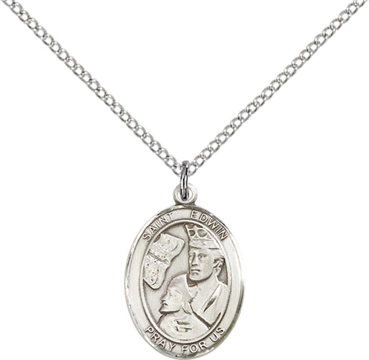 Sterling Silver St. Edwin Pendant with 18 inch Sterling Silver Light Curb Chain - Medium