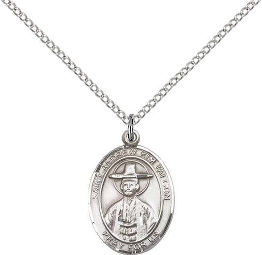 Sterling Silver St. Andrew Kim Taegon Pendant with 18 inch Sterling Silver Light Curb Chain
