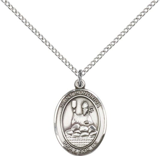 Sterling Silver St. Honorius Pendant with 18 inch Sterling Silver Light Curb Chain