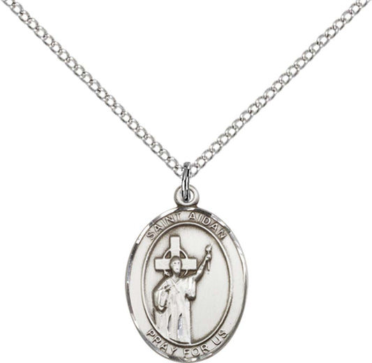 Sterling Silver St. Aidan Of Lindesfarne Pendant with 18 inch Sterling Silver Light Curb Chain - Medium