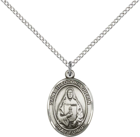 Sterling Silver St. Theodore Guerin Pendant with 18 inch Sterling Silver Light Curb Chain