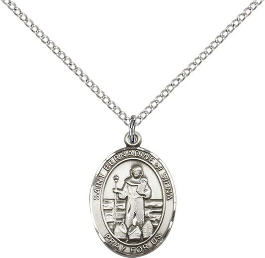 Sterling Silver St. Bernadine Of Sienna Pendant with 18 inch Sterling Silver Light Curb Chain