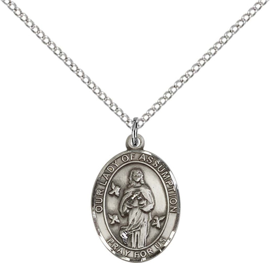 Sterling Silver O/L Of Assumption Pendant with 18 inch Sterling Silver Light Curb Chain