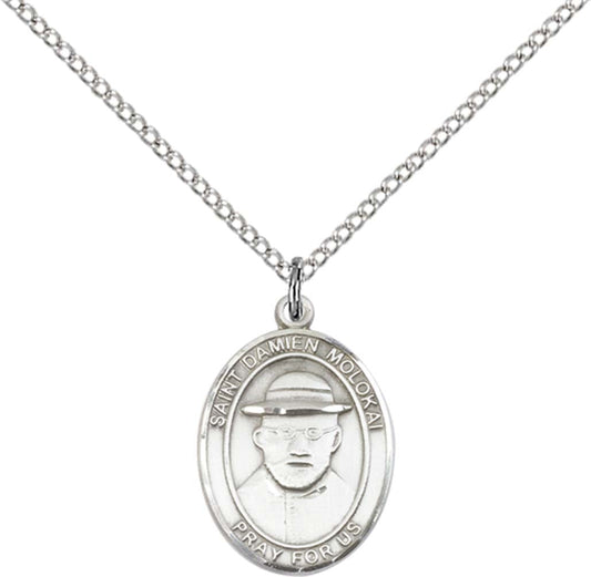 Sterling Silver St. Damien of Molokai Pendant with 18 inch Sterling Silver Light Curb Chain
