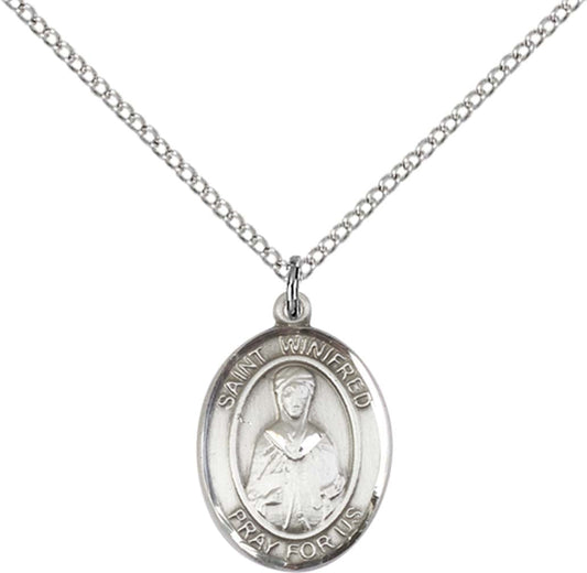 Sterling Silver St. Winifred of Wales Pendant with 18 inch Sterling Silver Light Curb Chain