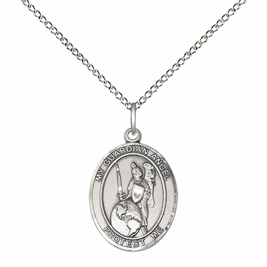 Sterling Silver Guardian Angel of the World Pendant with 18 inch Sterling Silver Light Curb Chain