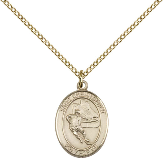 14kt Gold Filled St. Christopher/Hockey Pendant with 18 inch Gold Filled Light Curb Chain