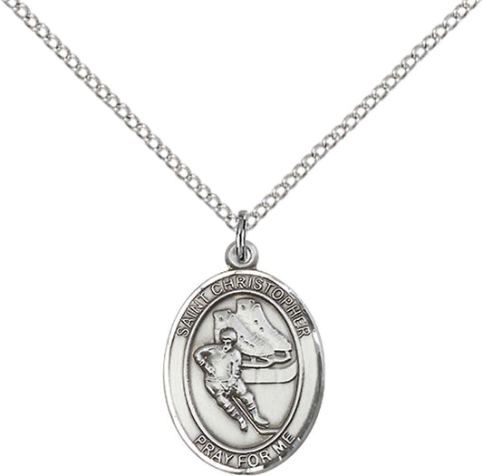 Sterling Silver St. Christopher/Hockey Pendant with 18 inch Sterling Silver Light Curb Chain