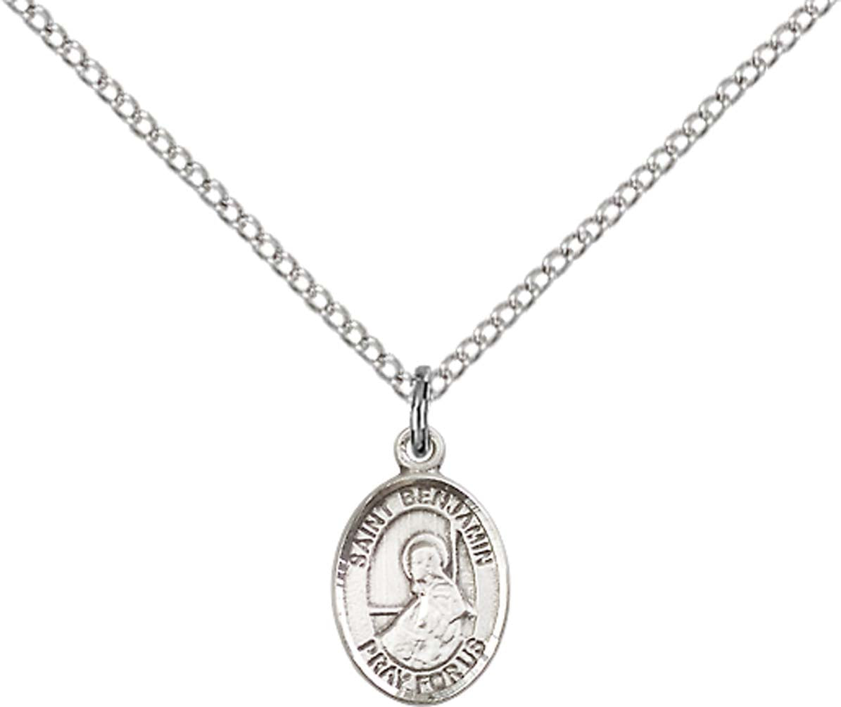 Sterling Silver St. Benjamin Pendant with 18 inch Sterling Silver Light Curb Chain - Small