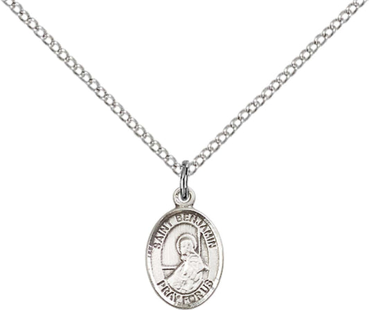 Sterling Silver St. Benjamin Pendant with 18 inch Sterling Silver Light Curb Chain - Small