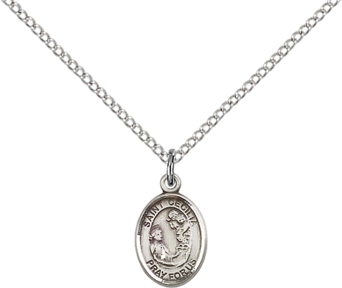 Sterling Silver St. Cecilia Pendant with 18 inch Sterling Silver Light Curb Chain - Small