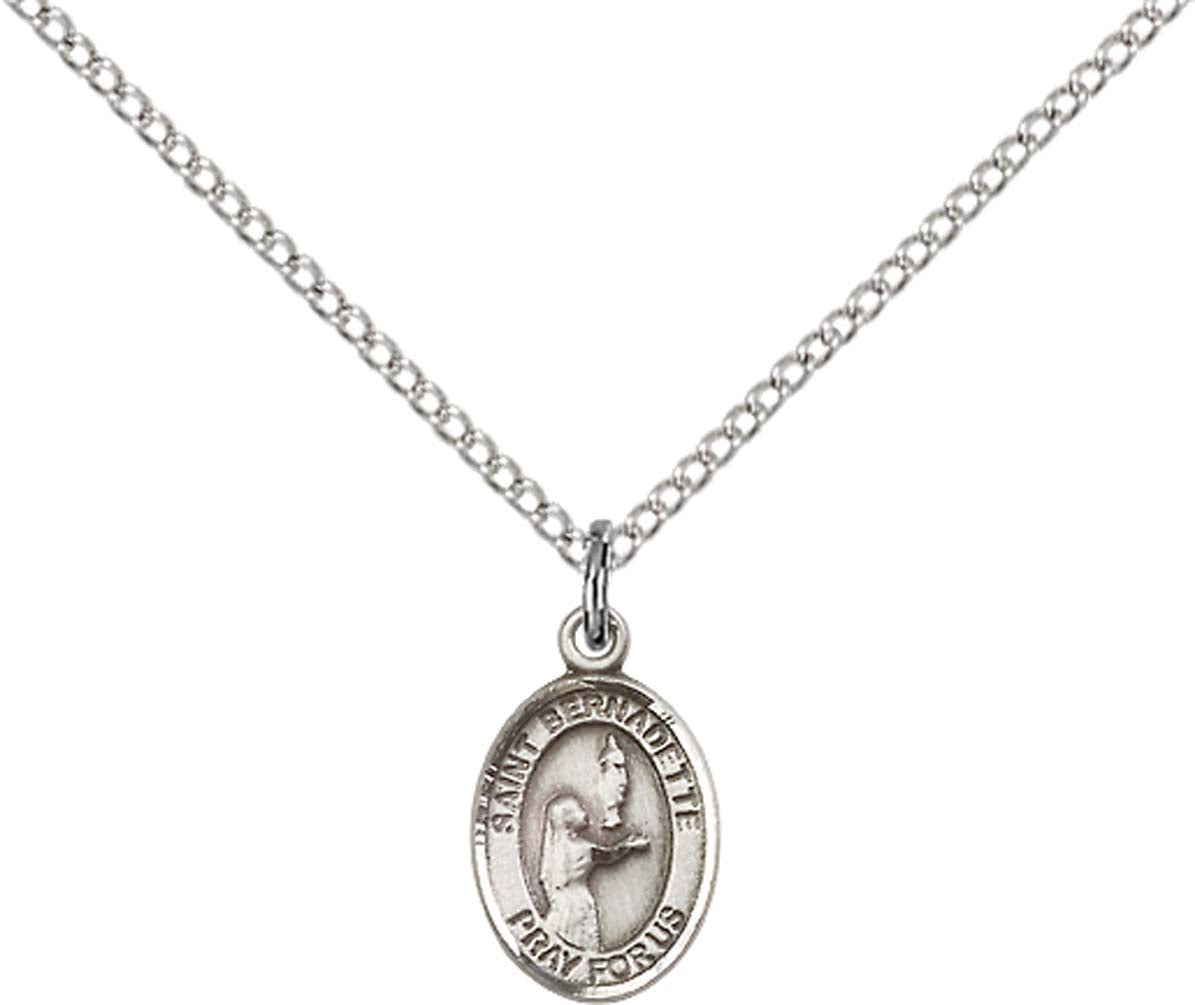 Sterling Silver St. Bernadette Pendant with 18 inch Sterling Silver Light Curb Chain - Small