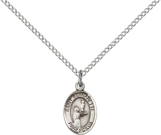 Sterling Silver St. Bernadette Pendant with 18 inch Sterling Silver Light Curb Chain - Small