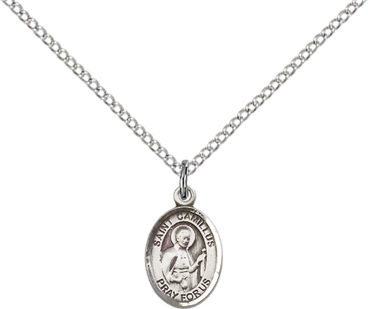 Sterling Silver St. Camillus of Lellis Pendant with 18 inch Sterling Silver Light Curb Chain - Small