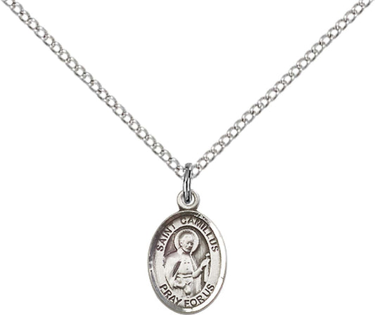 Sterling Silver St. Camillus of Lellis Pendant with 18 inch Sterling Silver Light Curb Chain - Small