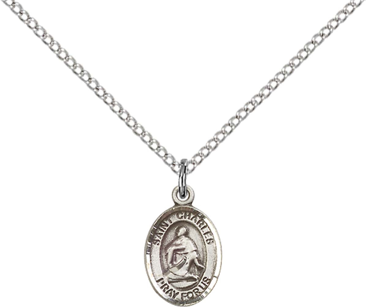 Sterling Silver St. Charles Borromeo Pendant with 18 inch Sterling Silver Light Curb Chain - Small