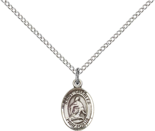 Sterling Silver St. Charles Borromeo Pendant with 18 inch Sterling Silver Light Curb Chain - Small
