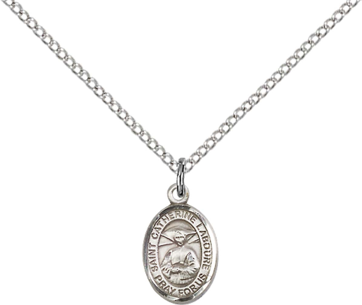 Sterling Silver St. Catherine Laboure Pendant with 18 inch Sterling Silver Light Curb Chain - Small