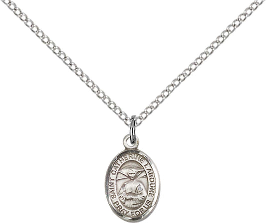 Sterling Silver St. Catherine Laboure Pendant with 18 inch Sterling Silver Light Curb Chain - Small