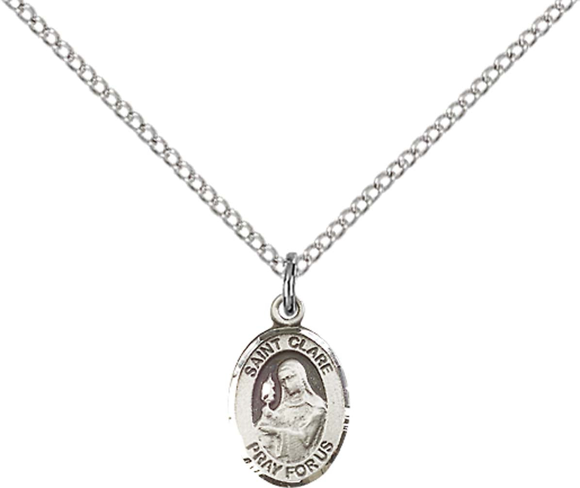 Sterling Silver St. Clare of Assisi Pendant with 18 inch Sterling Silver Light Curb Chain - Small