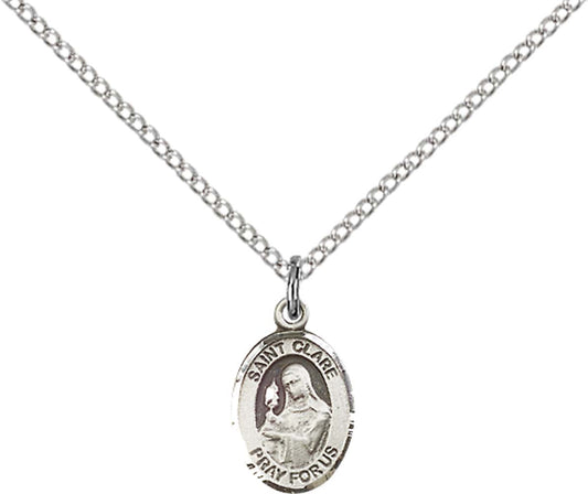 Sterling Silver St. Clare of Assisi Pendant with 18 inch Sterling Silver Light Curb Chain - Small