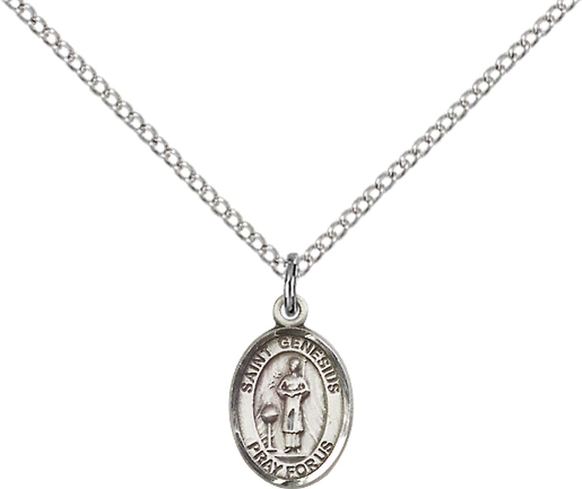 Sterling Silver St. Genesius of Rome Pendant with 18 inch Sterling Silver Light Curb Chain - Small