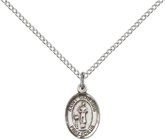 Sterling Silver St. Genesius of Rome Pendant with 18 inch Sterling Silver Light Curb Chain - Small