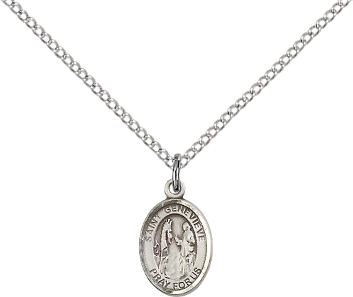 Sterling Silver St. Genevieve Pendant with 18 inch Sterling Silver Light Curb Chain - Small
