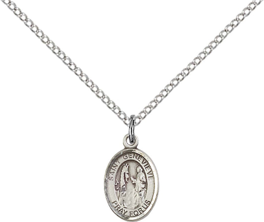 Sterling Silver St. Genevieve Pendant with 18 inch Sterling Silver Light Curb Chain - Small