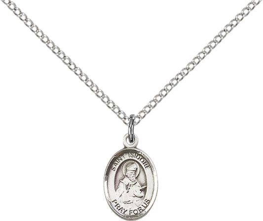 Sterling Silver St. Isidore of Seville Pendant with 18 inch Sterling Silver Light Curb Chain - Small