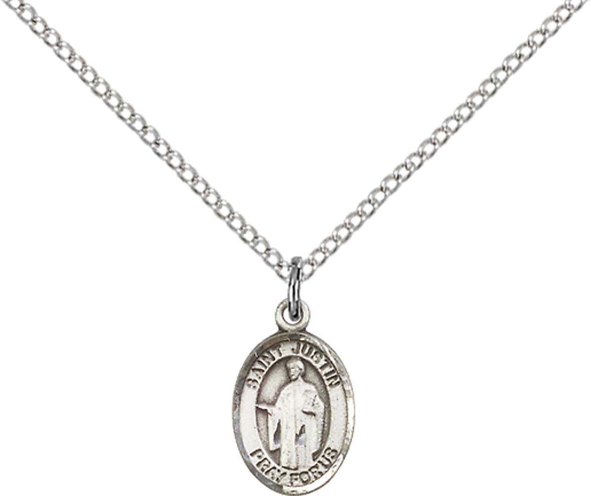 Sterling Silver St. Justin Pendant with 18 inch Sterling Silver Light Curb Chain - Small