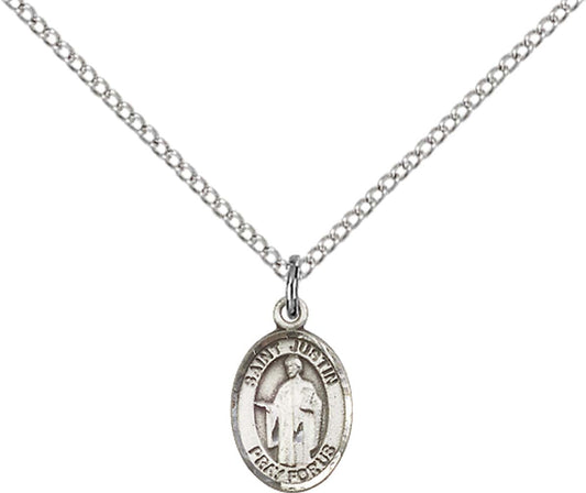 Sterling Silver St. Justin Pendant with 18 inch Sterling Silver Light Curb Chain - Small