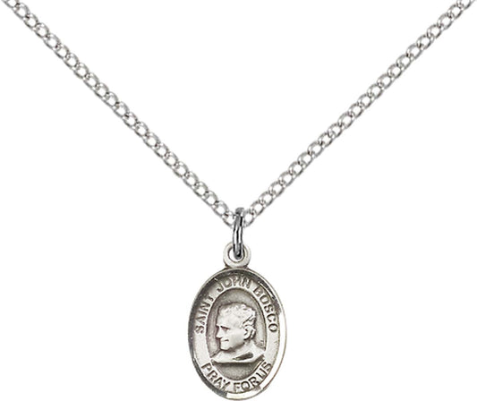 Sterling Silver St. John Bosco Pendant with 18 inch Sterling Silver Light Curb Chain - Small