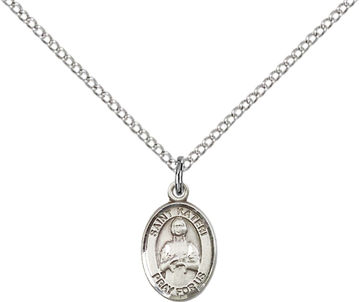 Sterling Silver St. Kateri Pendant with 18 inch Sterling Silver Light Curb Chain - Small
