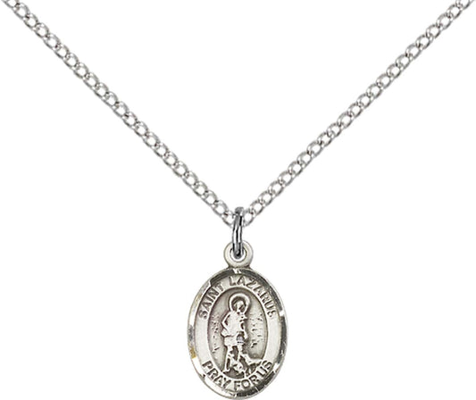 Sterling Silver St. Lazarus Pendant with 18 inch Sterling Silver Light Curb Chain - Small
