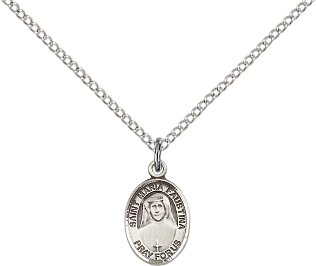 Sterling Silver St. Maria Faustina Pendant with 18 inch Sterling Silver Light Curb Chain - Small