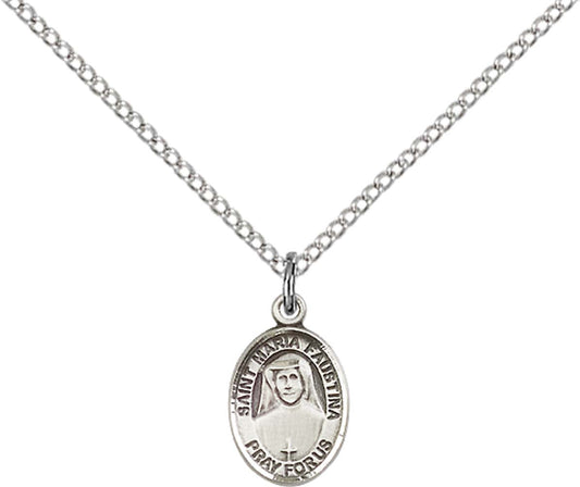 Sterling Silver St. Maria Faustina Pendant with 18 inch Sterling Silver Light Curb Chain - Small