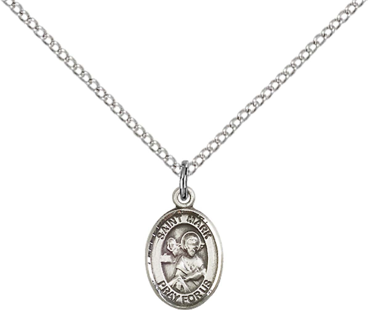 Sterling Silver St. Mark the Evangelist Pendant with 18 inch Sterling Silver Light Curb Chain - Small